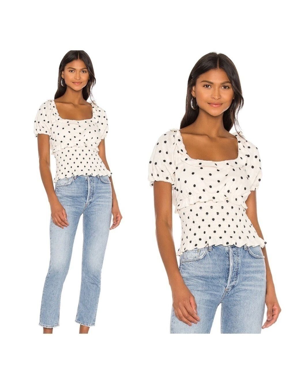 Tularosa White Cora Embroidered Polka Dot Smocked Top